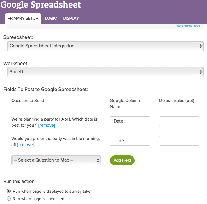 Google Sheets Setup Screen