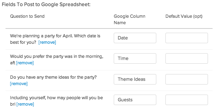 Google Sheets Finished Setup in SurveyGizmo